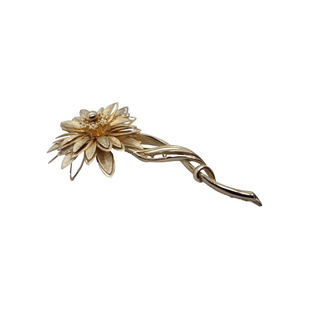 Vintage Coro Brooch Long Stem Flower 3D Gold Toned Daisy cutout Leaves Signed - Picture 2 of 11